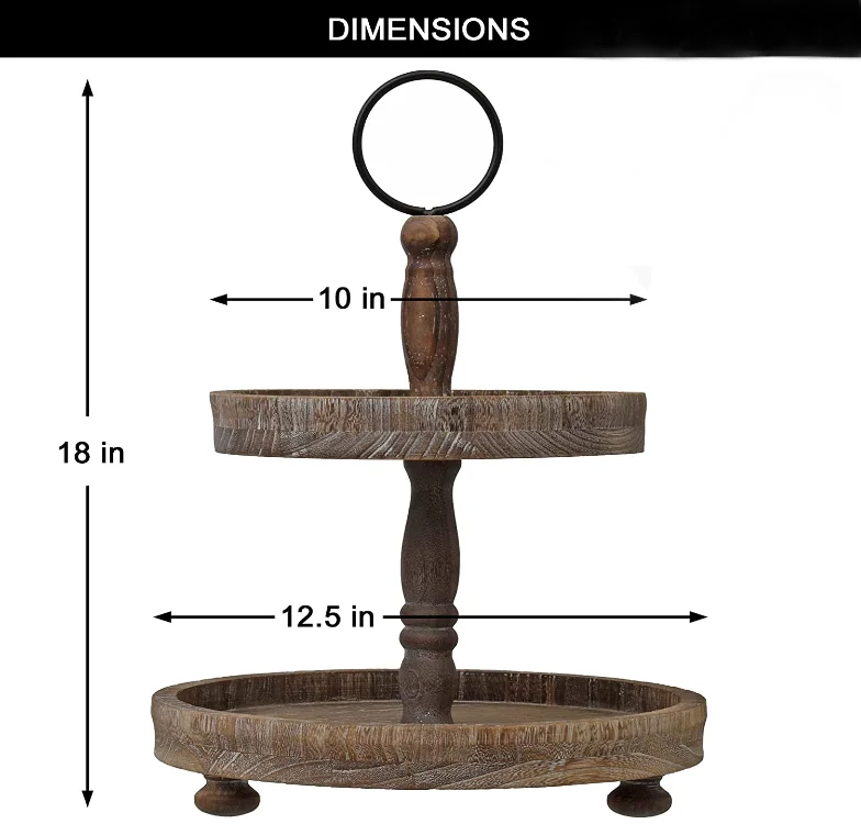 Creative Distressed Black Wood Metal Handle 2 Tier Wooden Tray Cake Stand