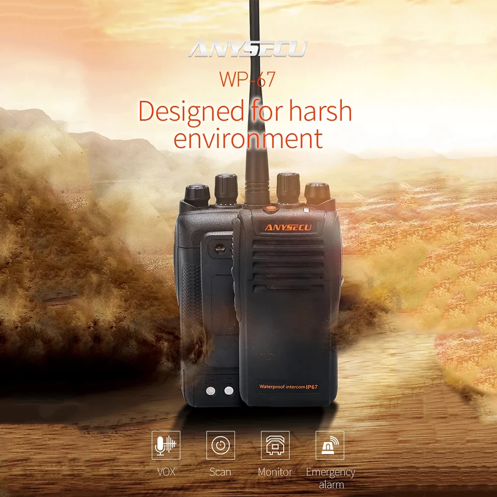 Anysecu IP67 Waterproof Analog Walkie Talkie WP-67 UHF 400-470MHz with Desktop Charger 16 Channels Water-proof WP67