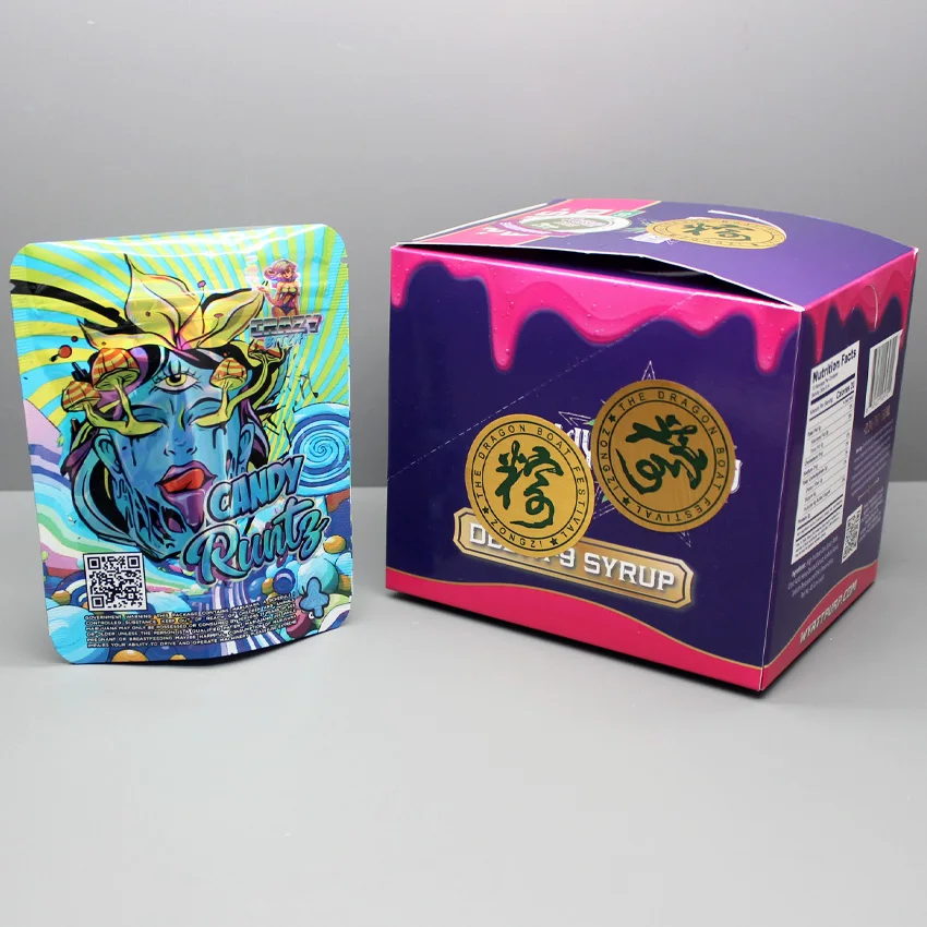 Custom smell proof printing candy 3.5 mylar bags and paper box food packaging holographic zipper bag and box