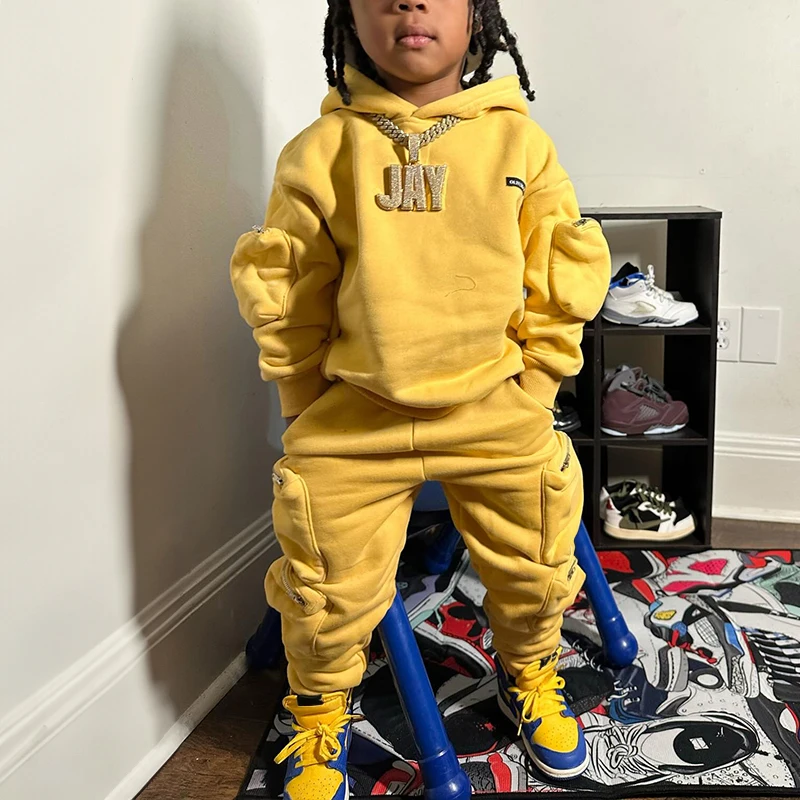 Custom Logo Boys Clothing Sets 3d Embroidery Zip Up Hoodie Cargo Pants Slim Fit Joggers Suit Streetwear Sweatsuit Sweatpants Set