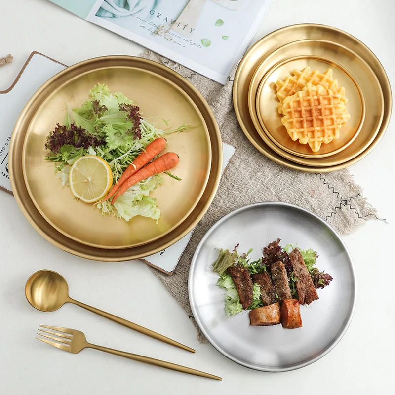 Stainless Steel Gold Charger Plates Dishes Golden/Silver Color Dinner Round Tray Metal Dish Plate For Home Restaurant