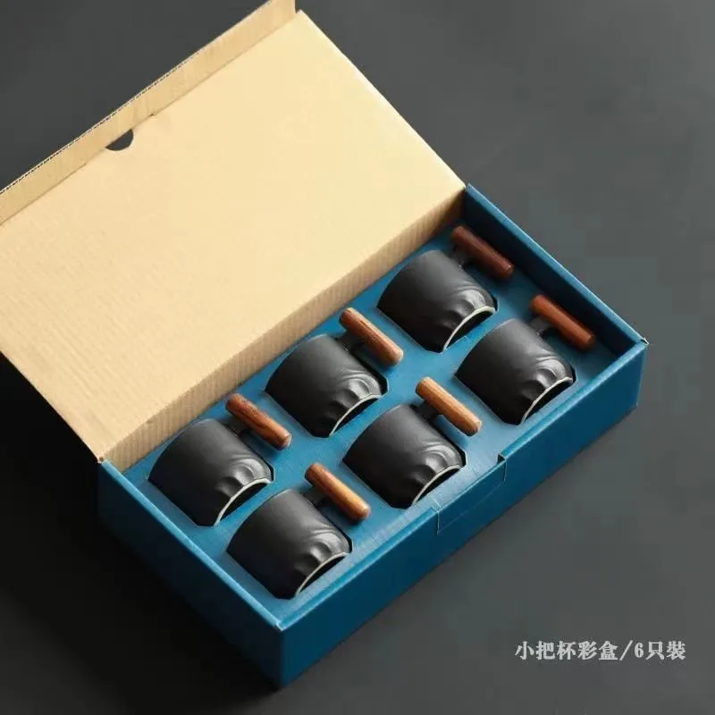 Japanese Delicate Ceramic Small Cup Gift Box Set Porcelain with Wooden Handle Gradient Glaze for Coffee Tea Espresso Milk