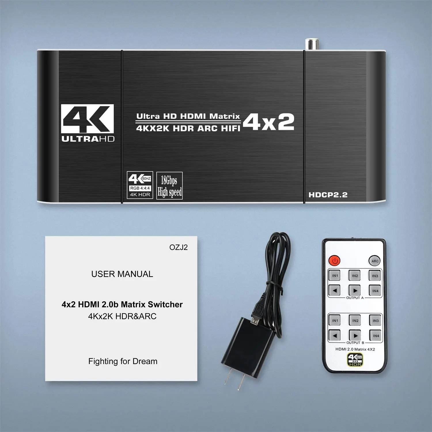 4K HDMI Matrix 4x2 4 in 2 Out HDMI2.0 Audio Extractor Switch Splitter with Optical Toslink SPDIF+Coaxial+3.5mm ARC Audio