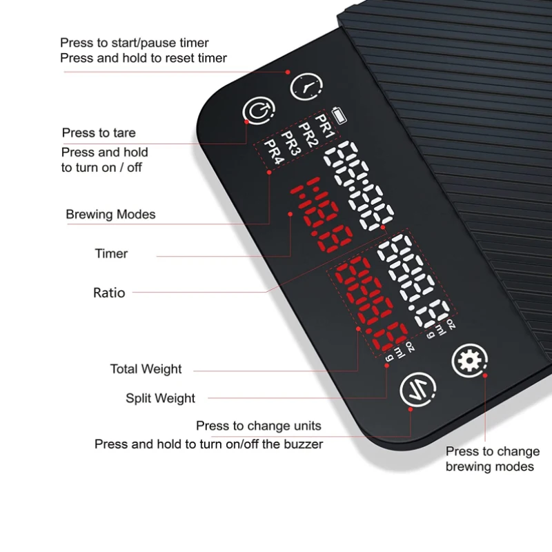 High Quality Rechargeable Coffee Scale Four Modes Smart Coffe Scale 0.1g 2000g Digital Coffee Scale