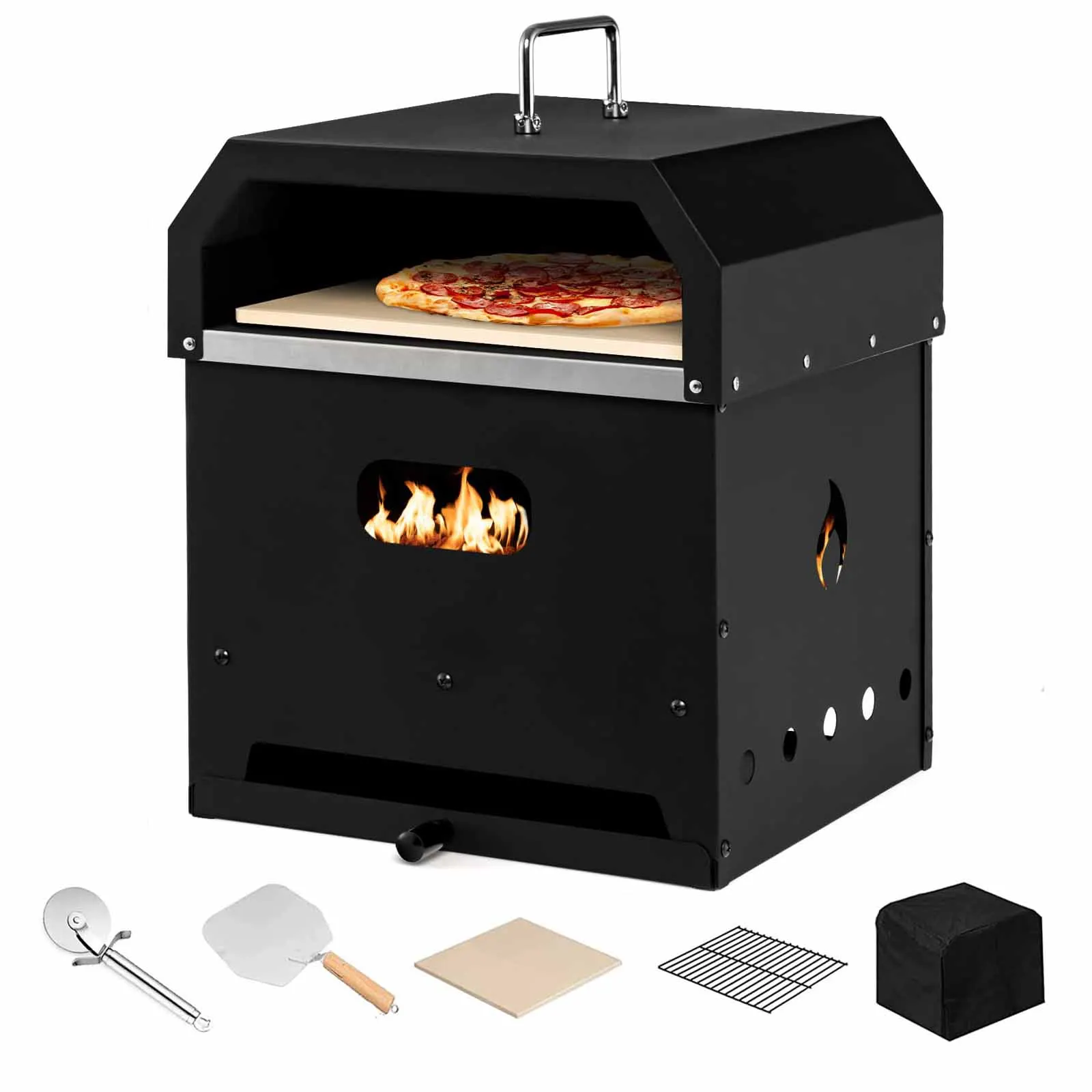 4 In 1 Detachable Outdoor Pizza Oven 2-Layer Charcoal Firewood Pellets Pizza Maker with Pizza Stone