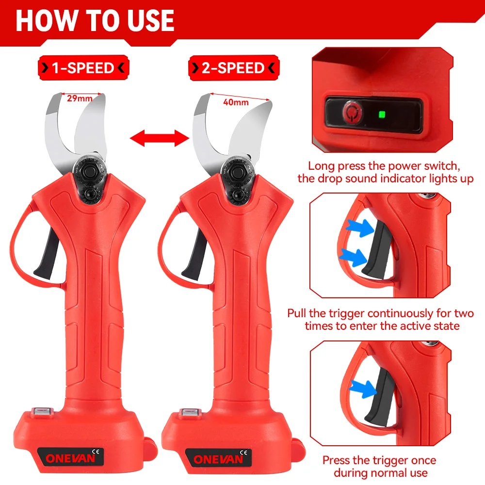 ONEVAN 30MM Brushless Electric Pruning Shear 2 Gear Rechargeable Cordless Pruner Tree Branches Power Tool For Makita 18V Battery