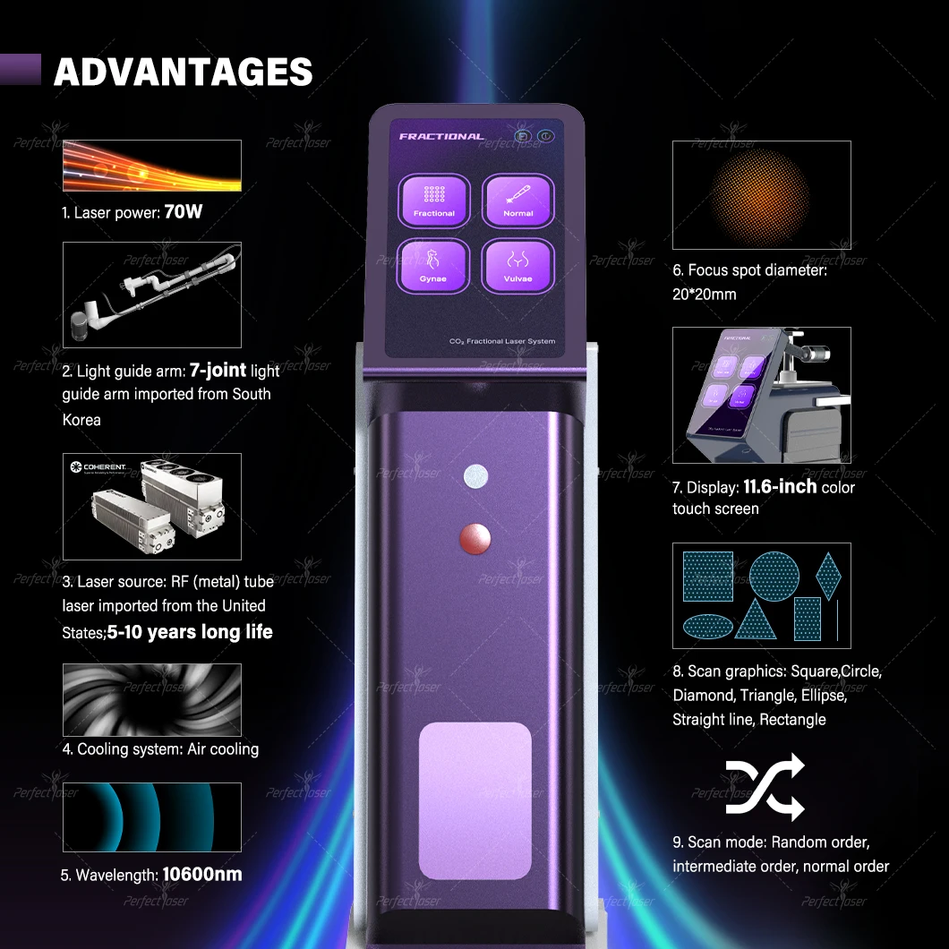 Perfectlaser 70W Fractional Co2 Laser Scar Removal Machine Price 10600nm Rf Metal Tube Skin Beauty Co2 Fractional Laser Machine