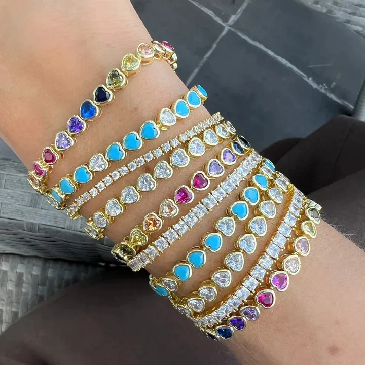 Sterling Silver 925 Bezel Heart Shape Emerald Gemstone Rainbow CZ Turquoise Women Jewelry Tennis Bracelet