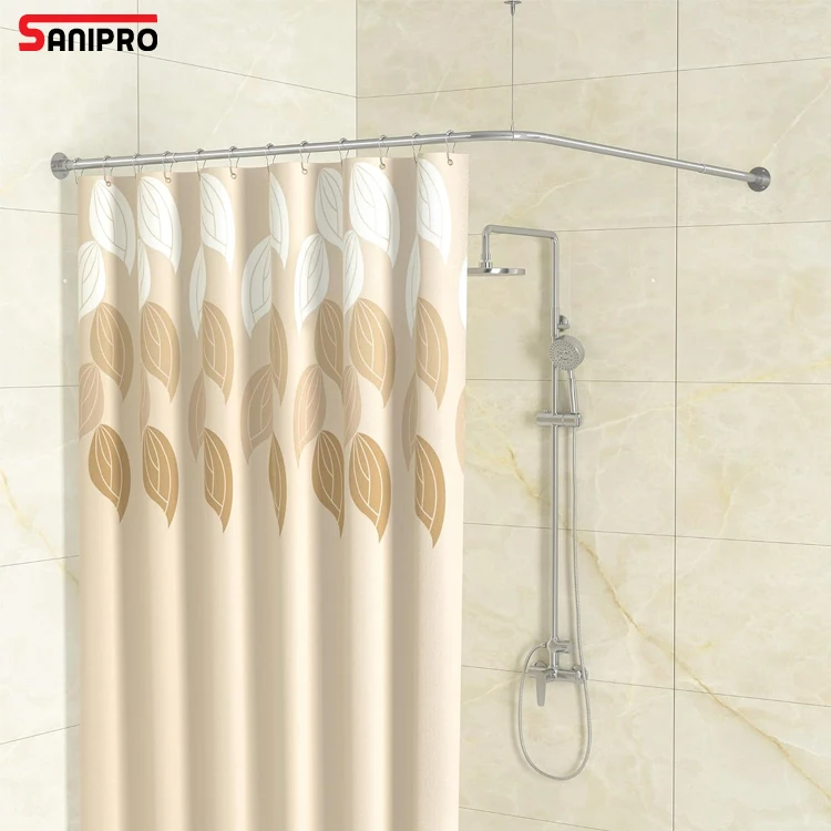 SANIPRO Adjustable Shower Curtain Rod 90 Degree Curved L Shaped Corner Bathroom Curtain Poles with 12 Hooks and Ceiling Support