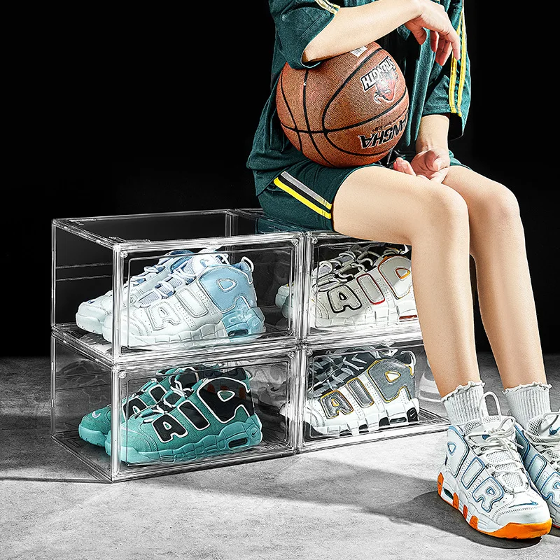 Clear Double Front/Side Foldable Doors Magnetic Stackable Shoe Cosmetic Box & Bin Case Storage Sneaker Organizer Transparent PET