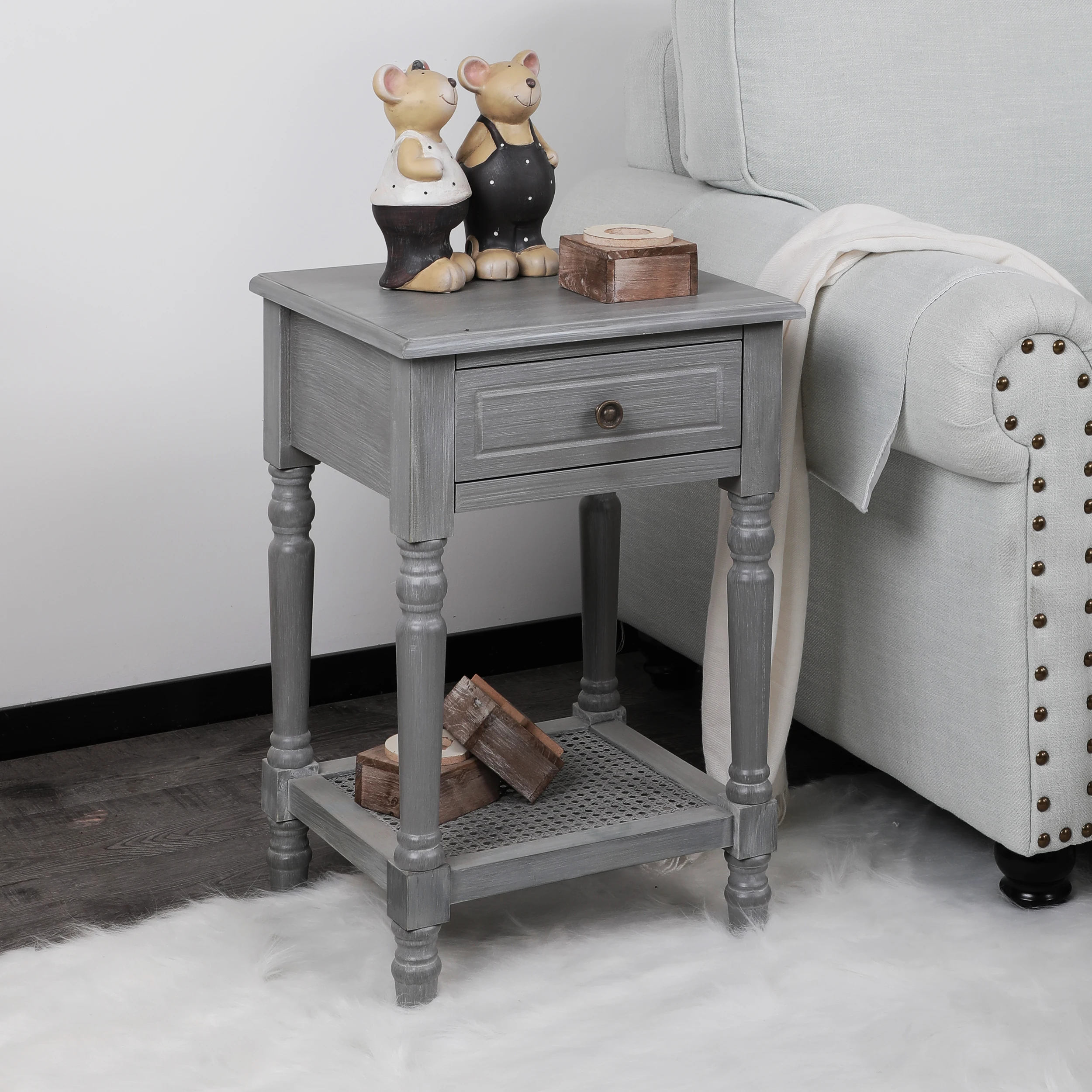 Retro Furniture Wicker Weave Bottom Frame With Drawer Storage Nightstand