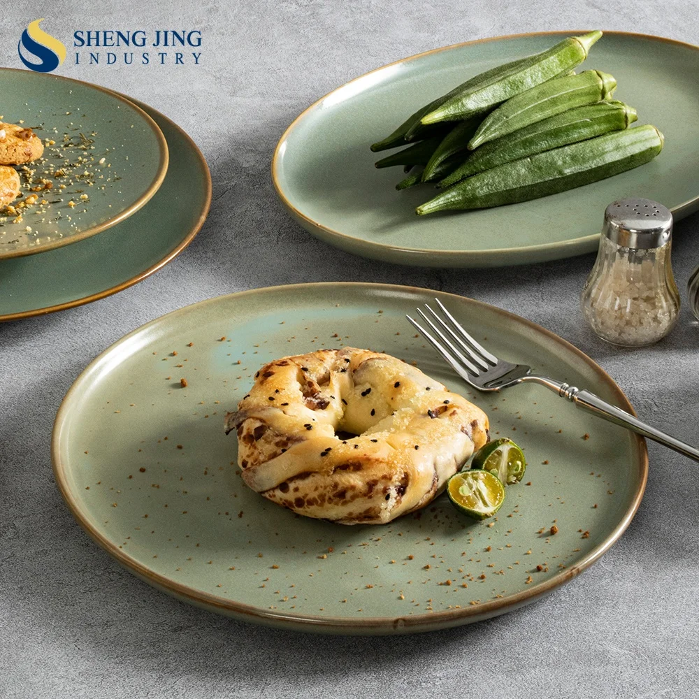 Nordic Green Ceramic Glaze Hotel Porcelain Round Dishes & Plates Restaurant Pottery Dinner Steak Plato Serving Flat Plate