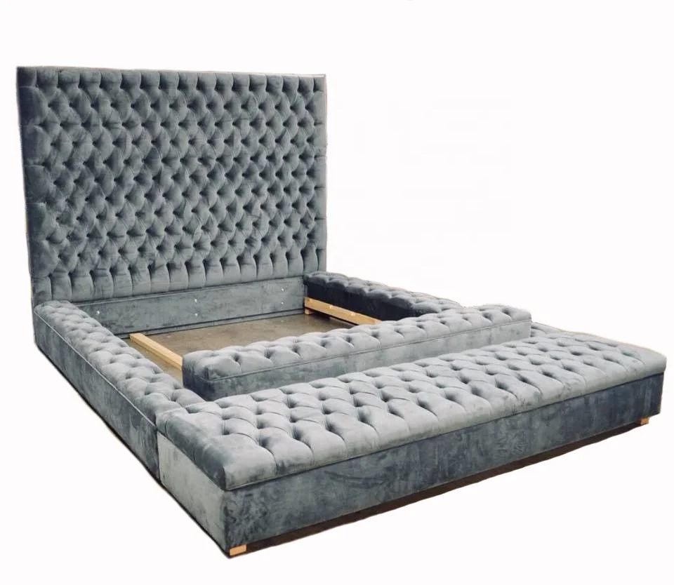 OEM New design Bedroom furniture Upholstered bed Wide tufted headboard Velvet king bed. Fabric pine modern wood plywood
