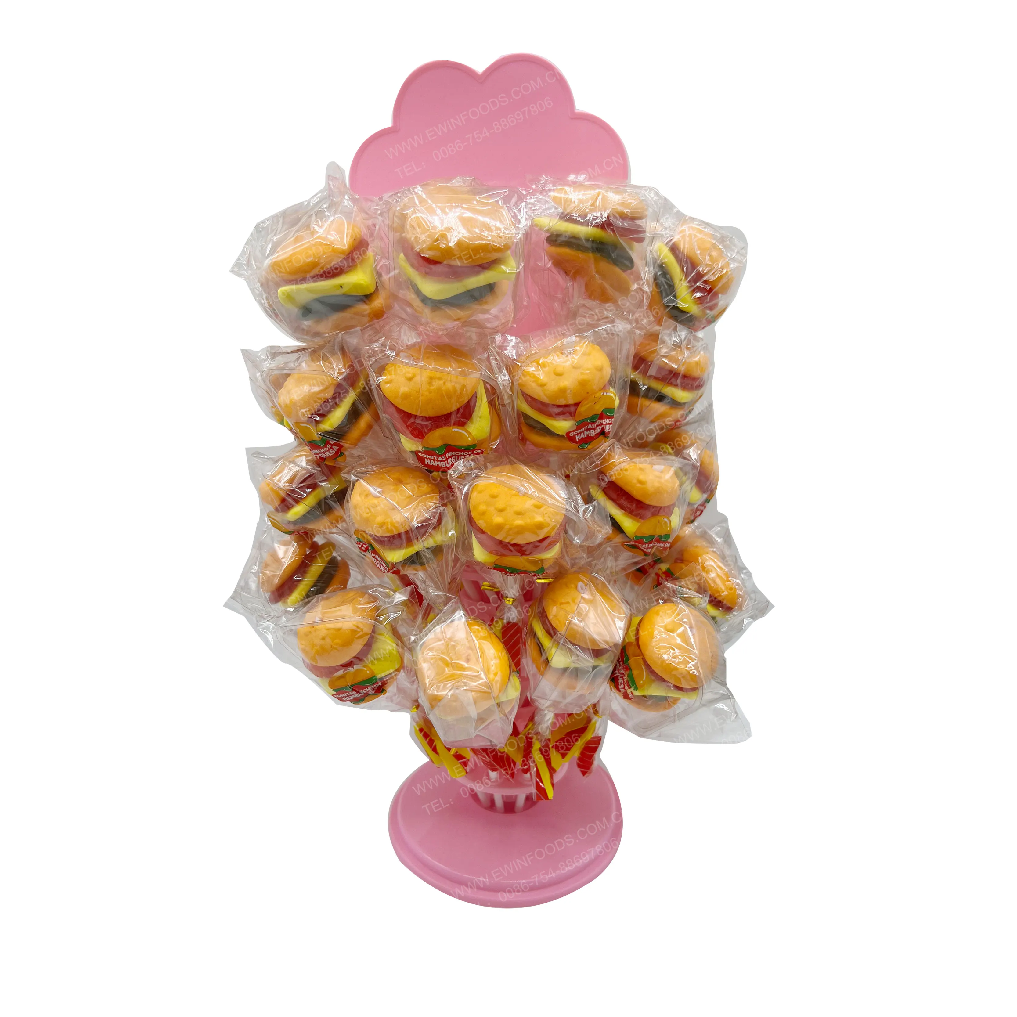 OEM Candy manufacturers HALAL BBQ burger stick burger shape soft gummy lollipop candy gummy tree for kids for wholesale
