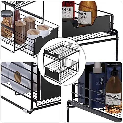 Black Stackable 2 Tire Sliding Countertop Organizer Under Sink Storage Drawer Shelf for Kitchen Cabinets