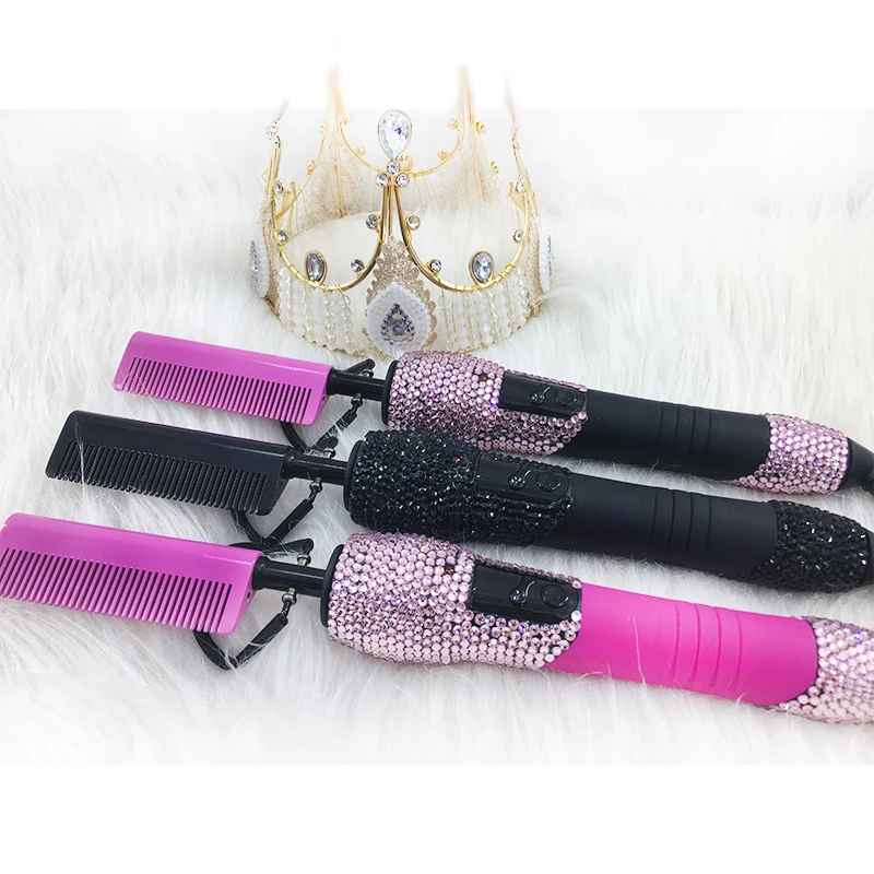 Wholesale Hair Bling Bling Rhinestone Hair Straightener Electric Hot Comb, Custom Rhinestone Hot Comb Electric Private Label