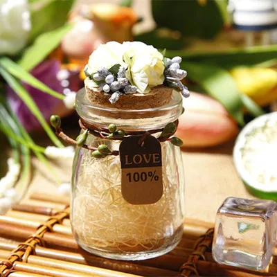 
Party favors glass jars with cork (round) and tag Wedding packing favors 
