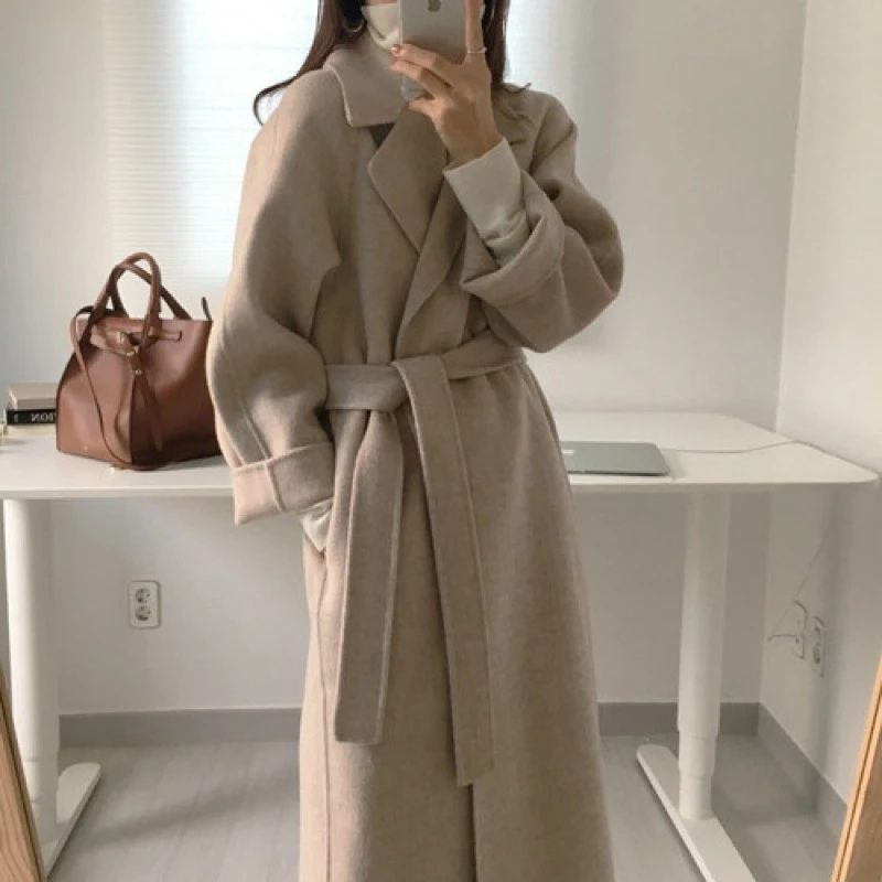 Fashion Wool Coat Long Sleeve S-2XL Womens Winter Outerwear Top Long Windbreaker Warm Woolen Overcoat