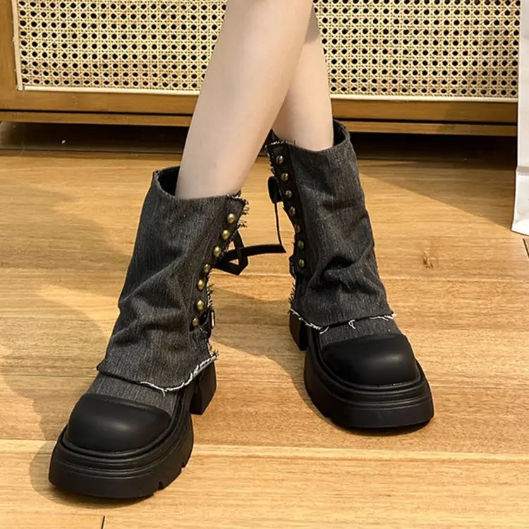 winter boots for women Fashion Anti-Slip Pu Upper Warm Black Botas De Mujer jelly shoes new round toe chunky heel leather boots