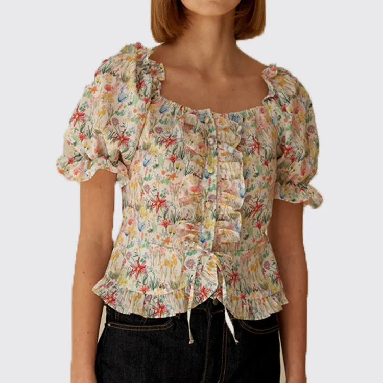 Women Long Sleeve Girls Lovely Floral Embroidery Shirt Ladies Square Neck Blouse Woman Tops Female Chic blusa mujer