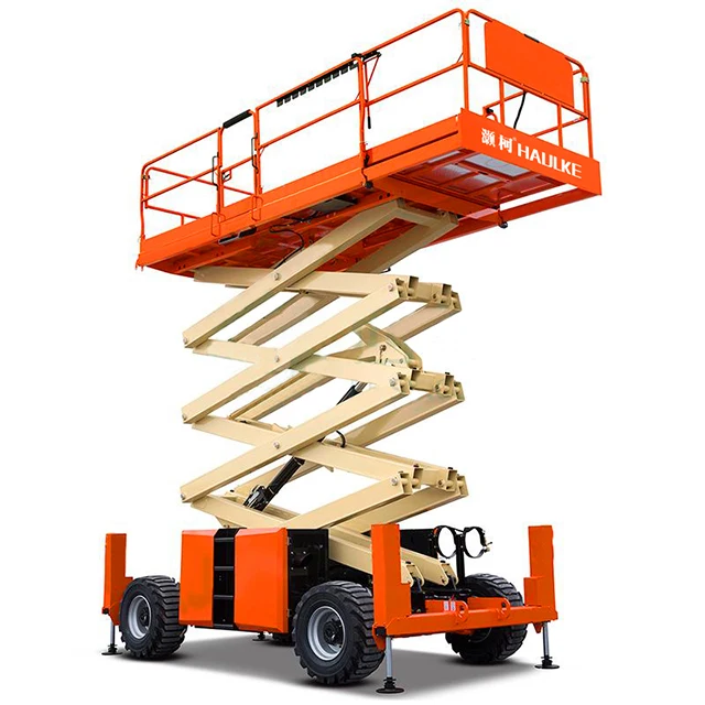 outdoor elevator lift off rough terrain road wheels mobile diesel scissor lift platform