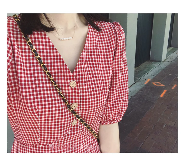 Cotton Linen Plaid Summer Dress Korean design Chic Women Casual Midi Dress