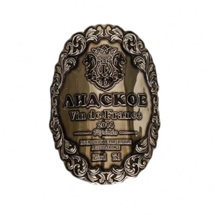 Custom Retro Vintage Craft 3D Embossed Bottles Adhesive Metal Sticker Label Metal Wine Logo