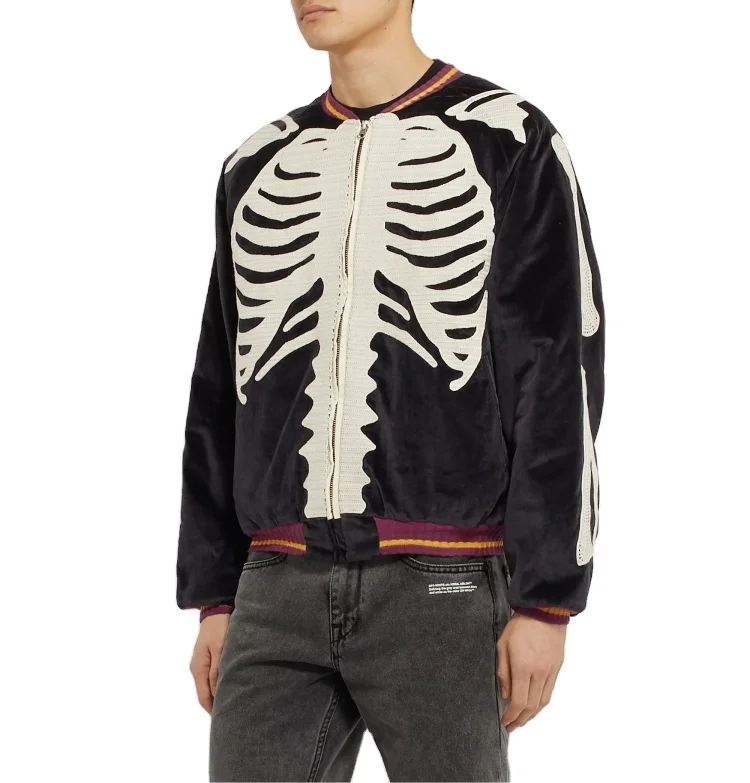 Custom streetwear embroidery bomber skeleton velvet jacket for men