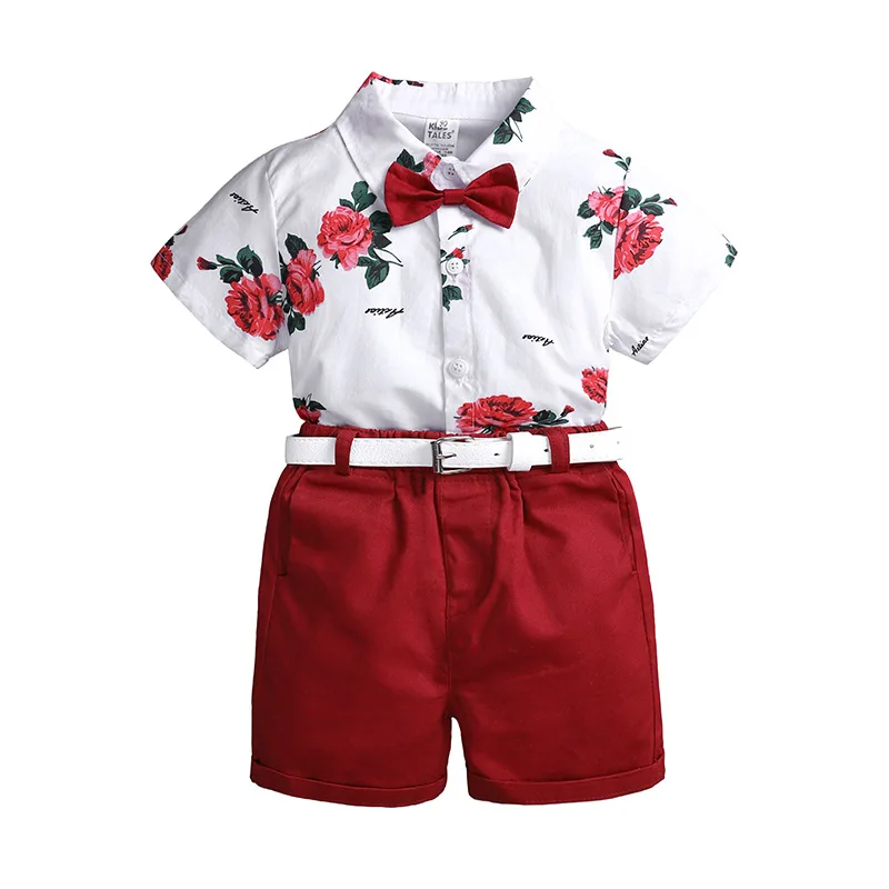 Latest design summer short sleeve print flower shirt shorts 2pcs kids children clothing sets newborn baby boy dress designs