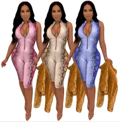 Sexy Snake Skin Printed Sleeveless Shorts Rompers Women Jumpsuit