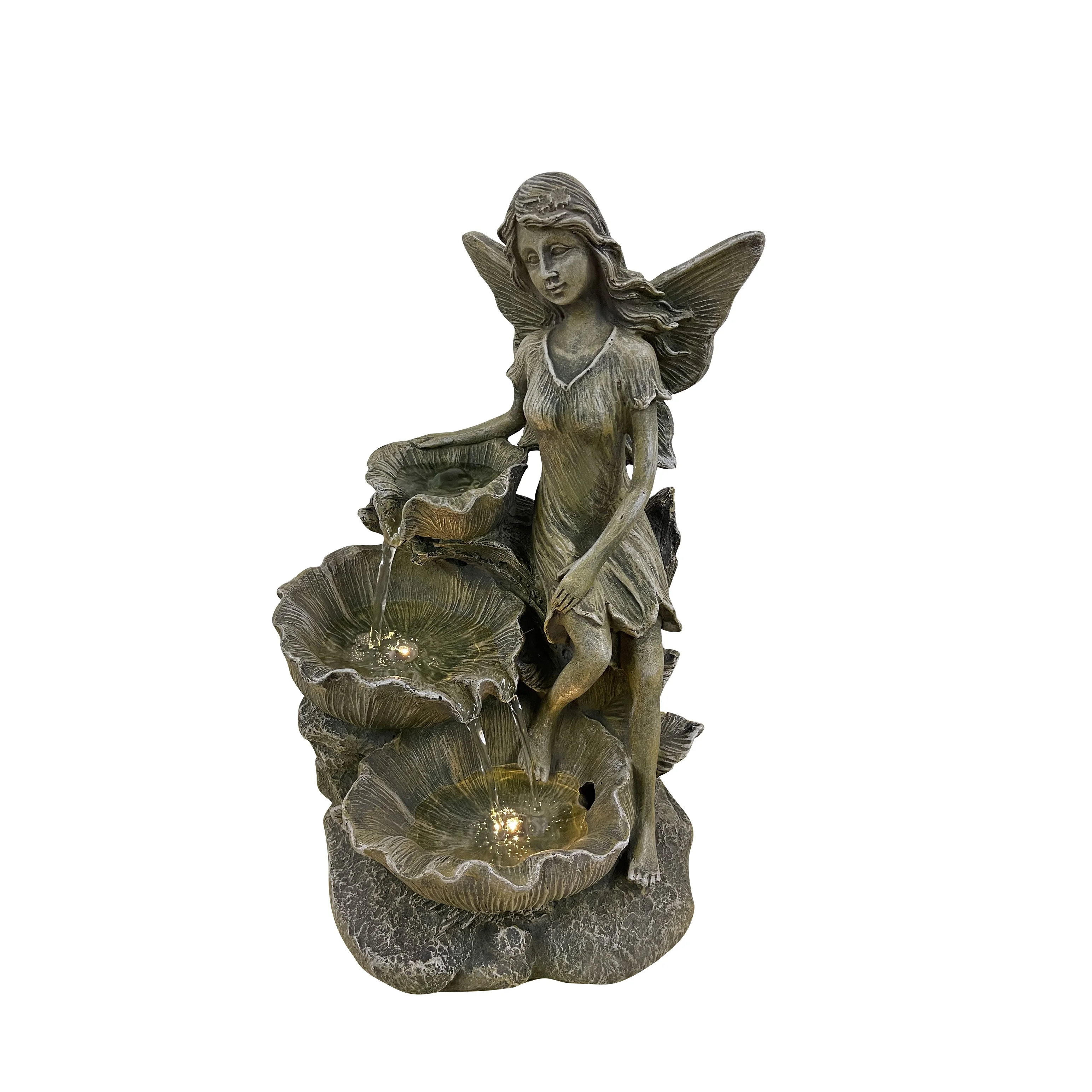Garden waterscape decoration angel holding flower water waterfall fountain with LED lights