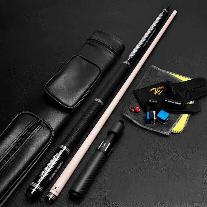 High End Billiard Hard Maple Carbon Fiber 1/2 Joint Mosaic Pool Cue Stick Set With Extension 4 Holes Cue Case