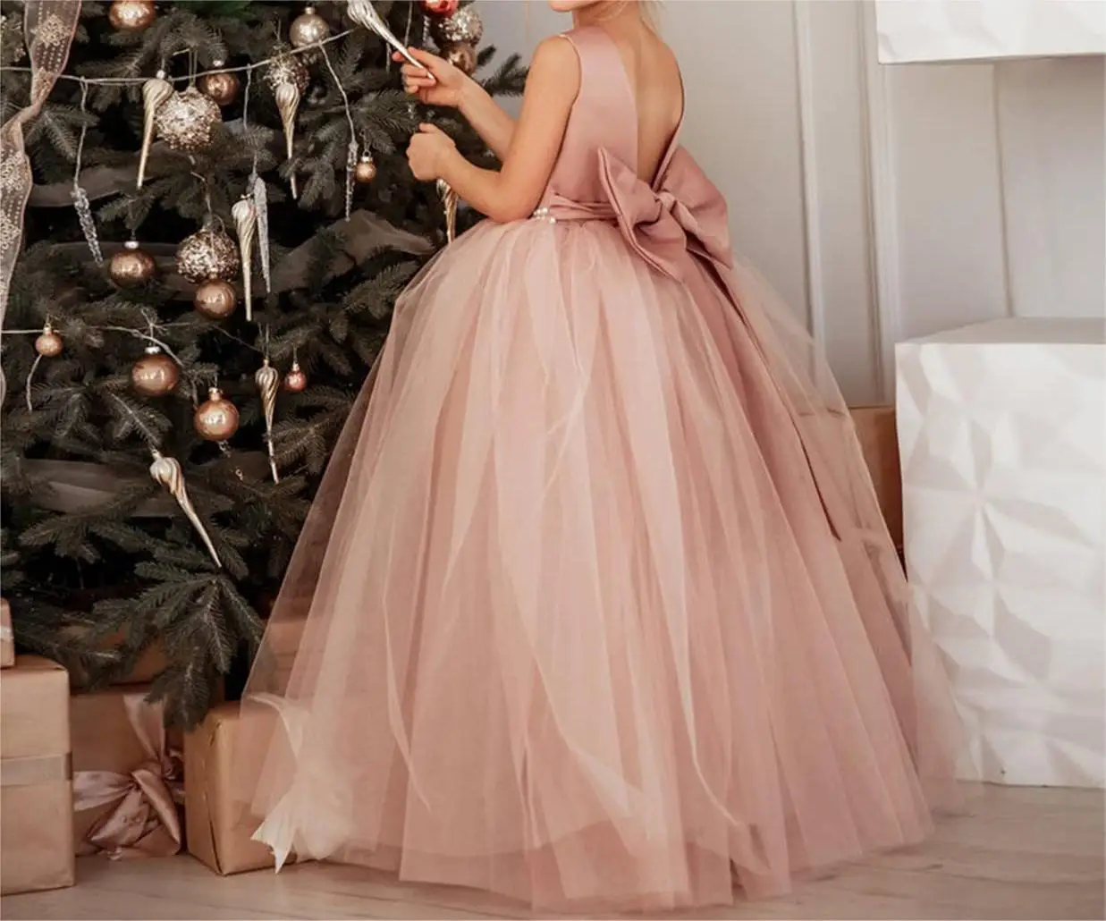 High Quality Girl Wedding Dress Flower Girl Birthday Party Dresses  Satin Tulle Princess Pageant Dress  with Bow-Knot