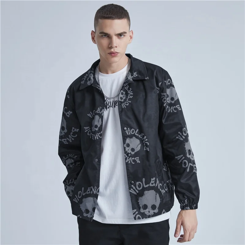 High Street Skull Printing Button Oversize Windbreaker Mens Winter Jacket