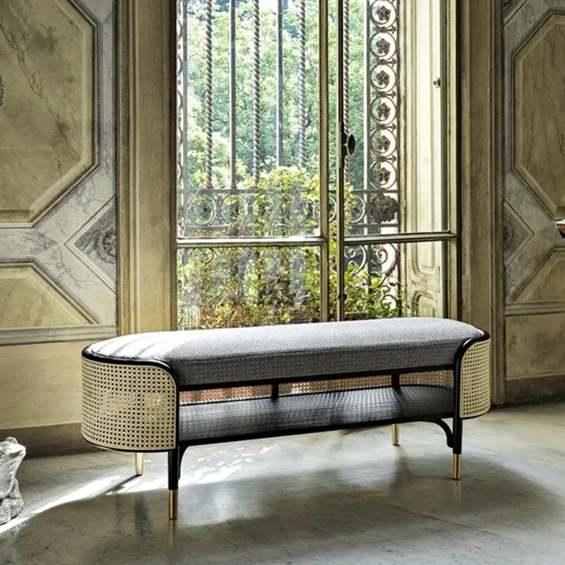 Wooden Rattan Bench Ottoman Clothing Store Shoe Changing Nordic Bench Shoe Store Rest Bench for Fitting Room