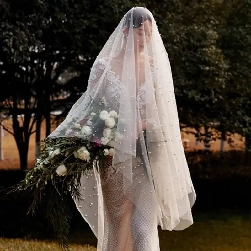 Wedding veil pearls fashion contracted pearl Net yarn Bridal Veil Church Length Elegant wholesale wedding veil