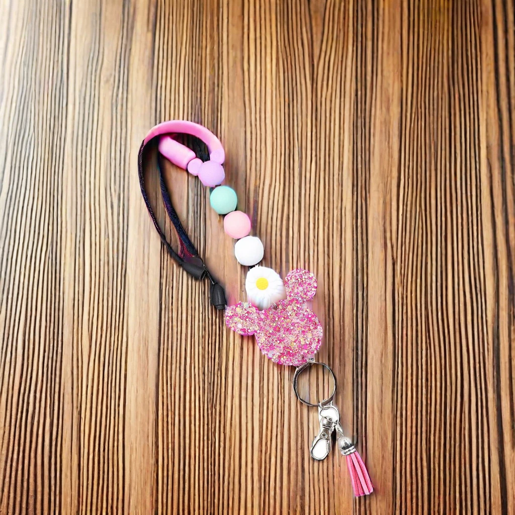 YYXKH1373 Cute Pink Laser Cutting Acrylic Lanyard with Silicone Mouse Bead Stainless Steel UV Printed Certificate for Key Use
