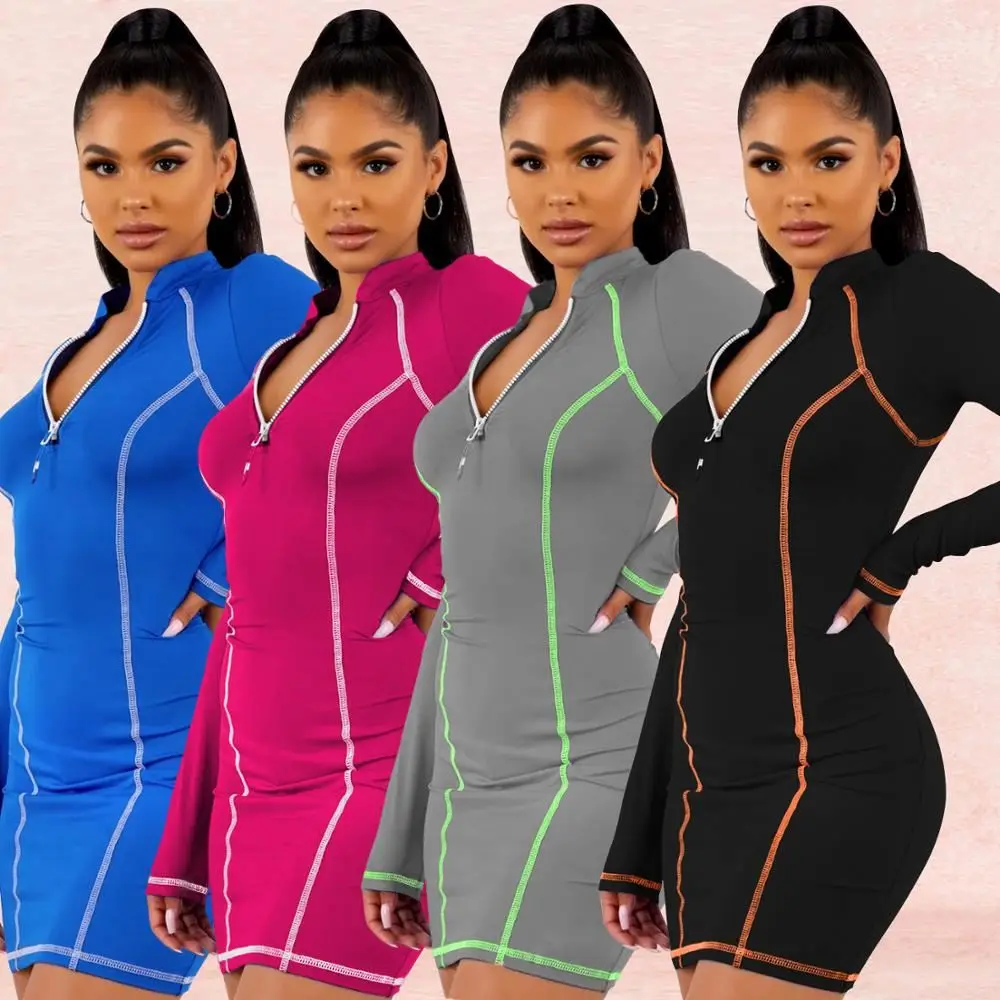 
Side Striped Fashion Women Mini Dress Long Sleeve Bodycon Dresses Women Clothing YM 