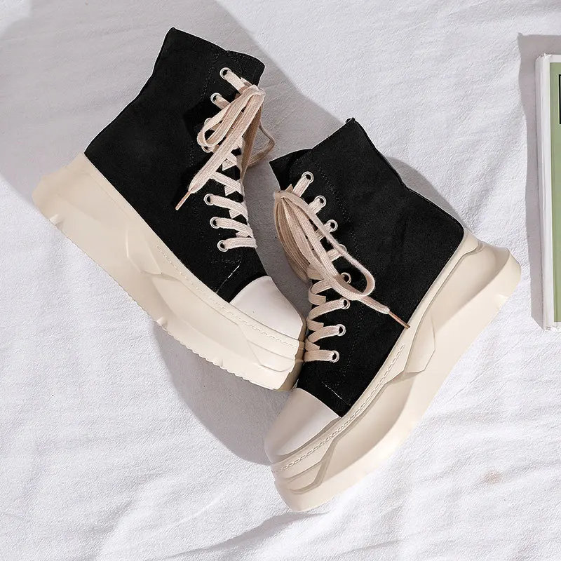 Black thick soled high top shoes for women New style high side zipper high top casual shoes Personalized sole leather casual