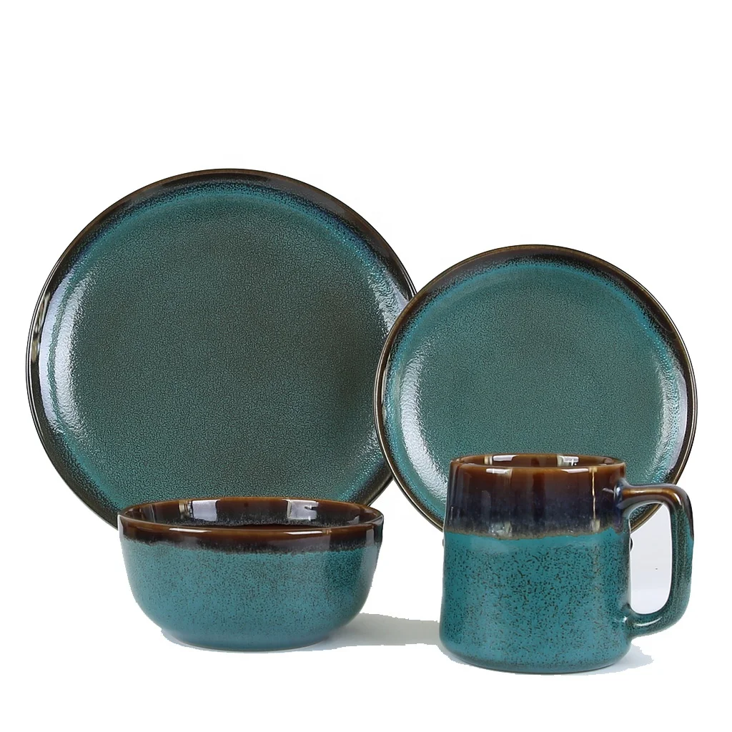 Custom printed flat round fambe dinner plate stoneware reactive dinnerware sets