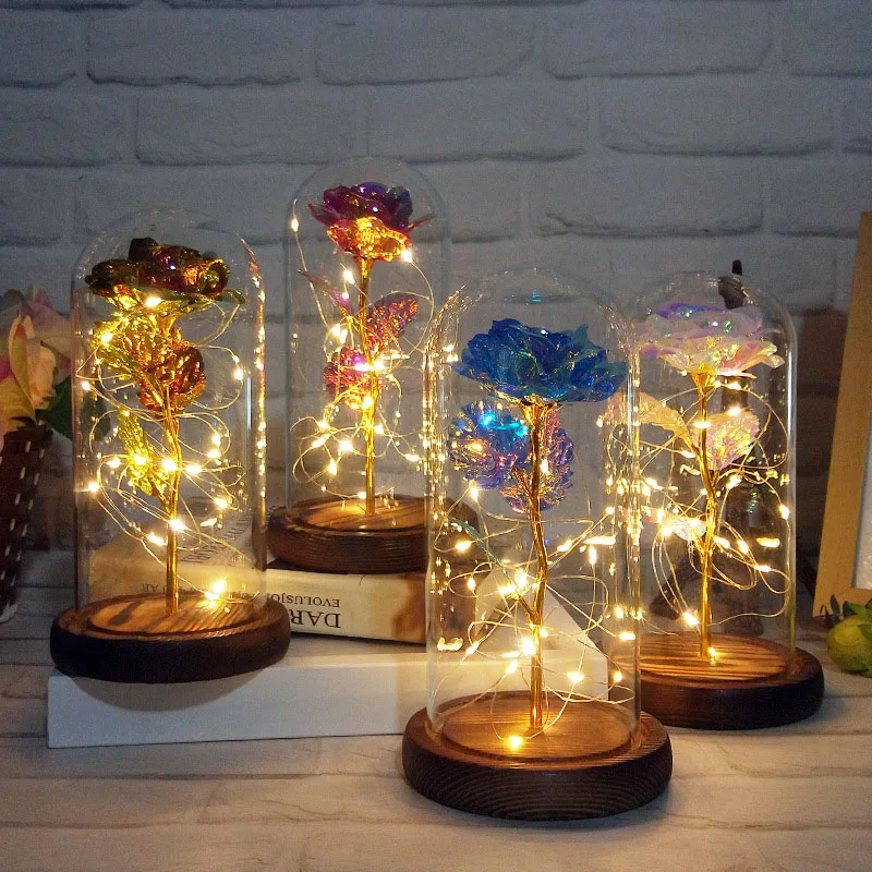 Factory Wholesale LED lights Gold Foil Rose in Glass Dome Gold Foil Rose Glass Dome Galaxy Rose Glass Dome