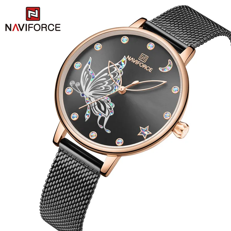 NAVIFORCE 5011 Brand Women Watches Fashion Ladies Quartz Watch Bracelet Set Fancy Butterfly Dial Luxury Rose Gold Mesh Watch