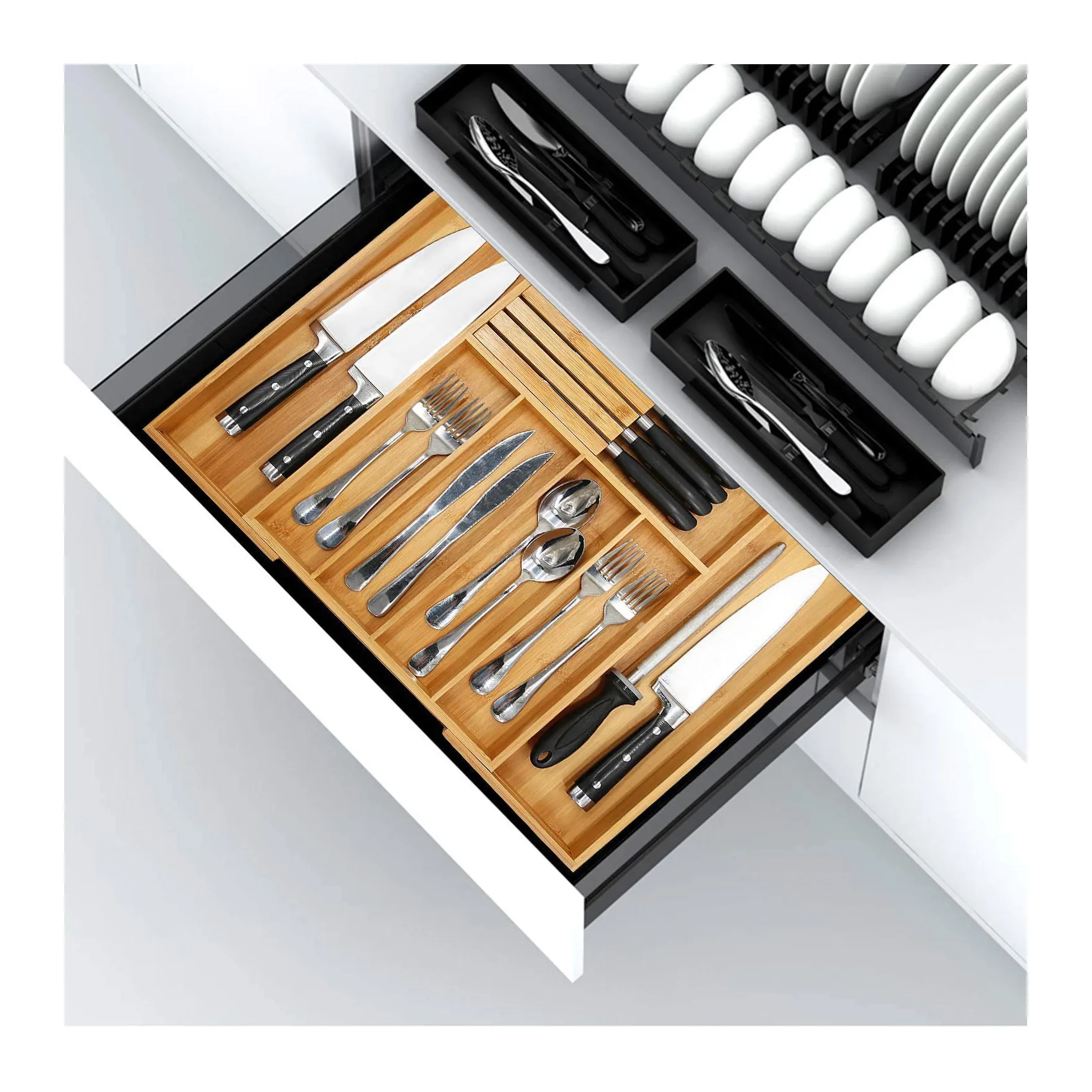 Bamboo Silverware Drawer Organizer with Knife Block Expandable Wooden Cutlery Tray Kitchen Utensil Organizer with Drawer Divide