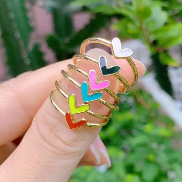 RA1078 NEW Delicate Mini Minimal Gold Plated Neon Enamel Multicolor Rainbow Multi Colored Heart Open Rings