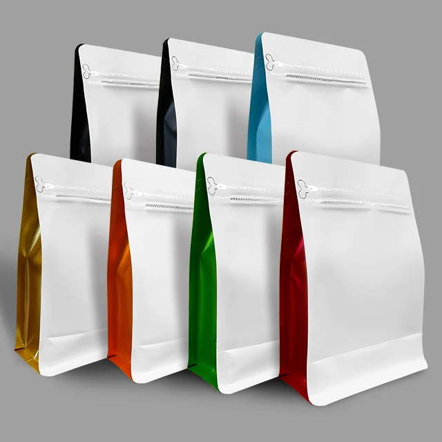 In Stock Coffee Bag Packaging Colorful Aluminum Foil Eight Side Seal Tea Pouch Zip Lock Flat Bottom Coffee Bags with Zipper