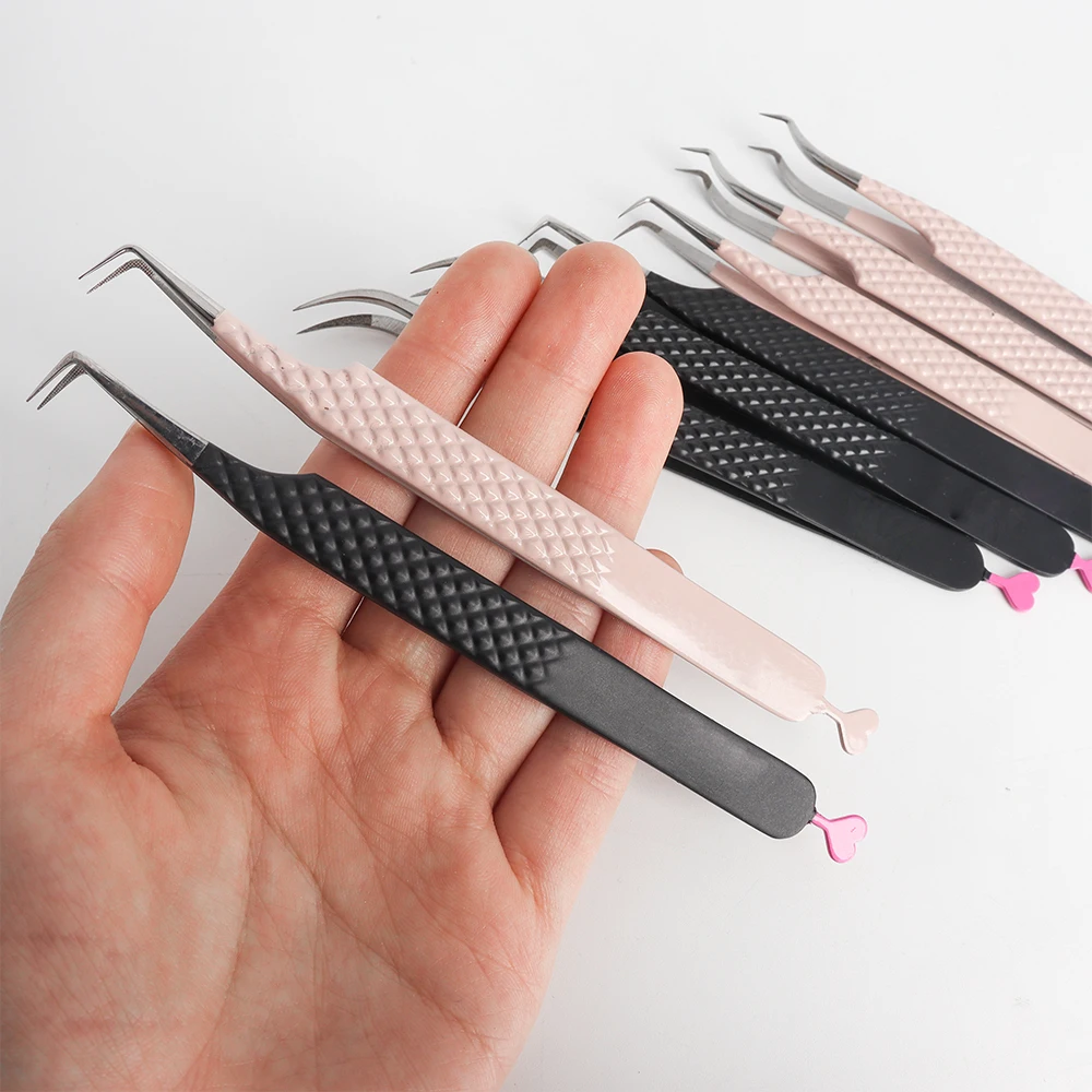 Diamond Grip Lash Tweezers Private Label Pink Stainless Steel Fiber Tip 45 90 Degrees Volume Tweezer For Eyelash Extension