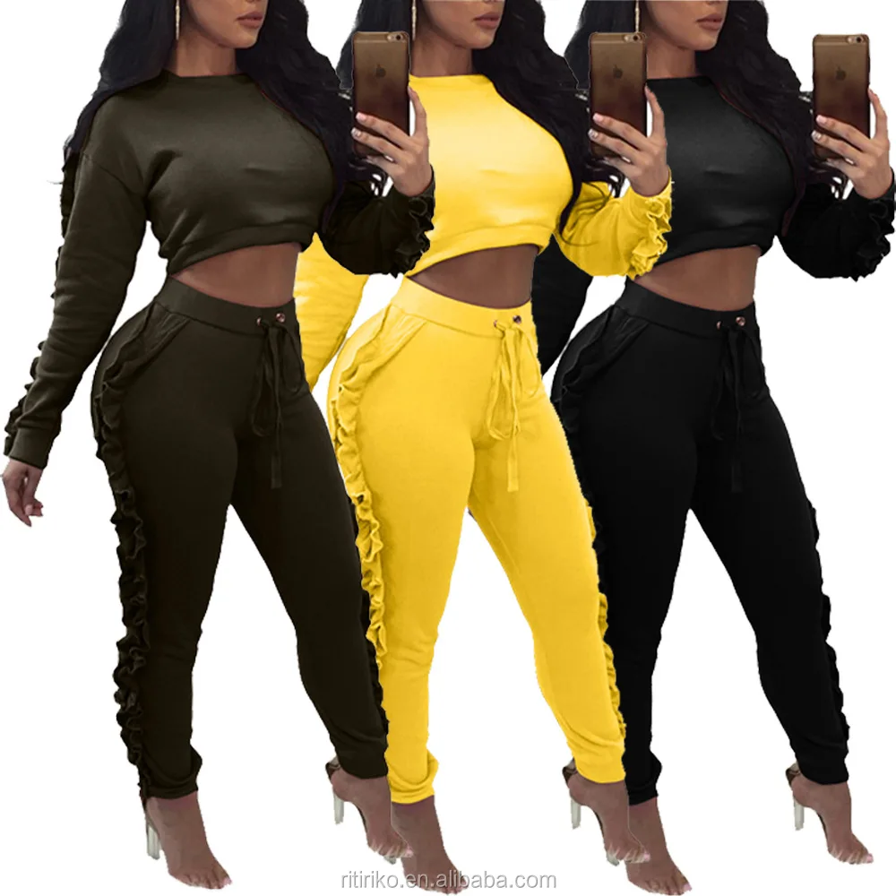 Wholesale solid color fashion design 2 piece set crop top sexy two piece pants set for women