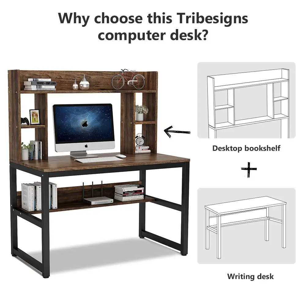 Modern Wood Computer Desks Study Reading PC Table with Bookcase Storage Shelf for Bedroom