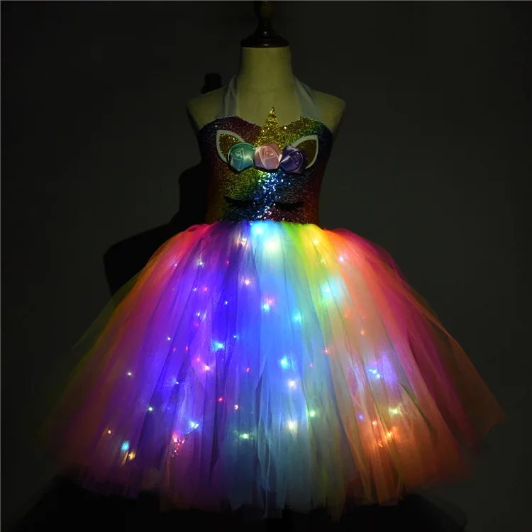 Hot Selling Fashion LED Light Glowing Sets  Clothing Uni corn Tutu Girls Christmas Dress Puffy Dresses