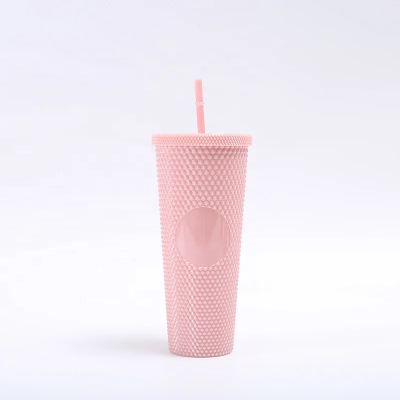 24 oz double wall plastic acrylic reusable cold drinking durian cup matte studded tumbler 24oz with lids and straws